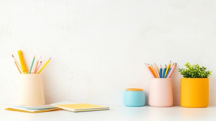 Colorful stationery and plant arrangement on a clean desk, perfect for creative workspace inspiration and organization.