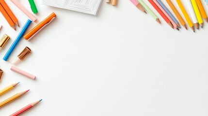 Naklejka premium Colorful stationery, pencils, and a notepad arranged neatly on a clean white surface, ideal for creative projects and school activities.
