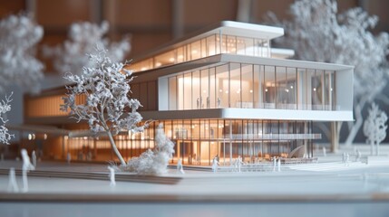 Generate a photo realistic image of a maquette showcasing an art center with galleries, studios, and performance spaces; ensure the image is of high resolution for clear and detailed quality