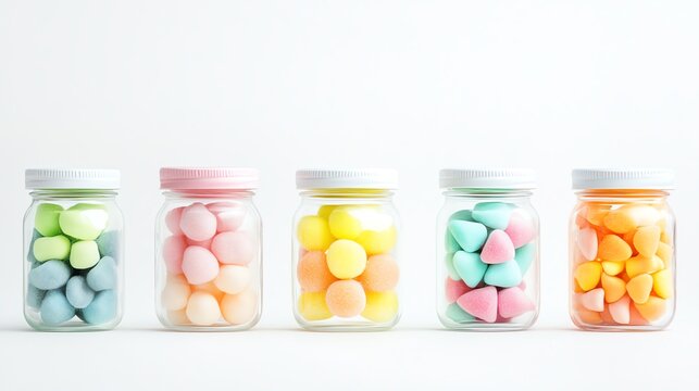 Colorful jars filled with various pastel candies, beautifully arranged against a clean white background.