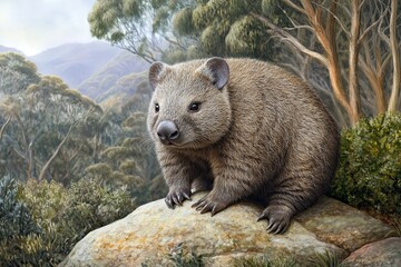 Obraz premium Close-up of a wombat sitting on a rock with a bushland background
