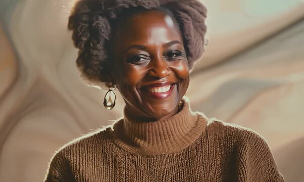 Portrait video of a happy Nigerian black woman in her 50s wearing a cozy sweater against an abstract background 