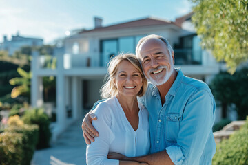 Obraz premium Senior husband hugging blonde happy wife house at background, senior elderly affection concept.
