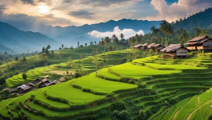 Fototapeta premium Green Landscape of Mountain Hills and Rice Field in The Village.