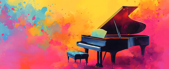 A vibrant, abstract digital illustration of a grand piano. The piano is depicted in a spectrum of bright colors, with splashes of paint bursting from its surface and surrounding area.