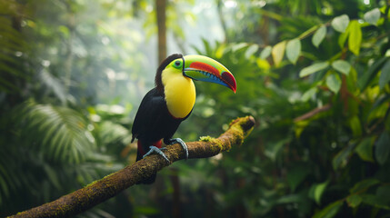 Fototapeta premium Keel-billed Toucan, Ramphastos sulfuratus, bird with big bill. Toucan sitting on the branch in the forest