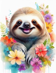 Obraz premium Sloth with flowers in watercolor on a white background 