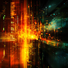 Fototapeta premium Abstract digital art with vibrant orange and green light streaks, representing data flow and technology.