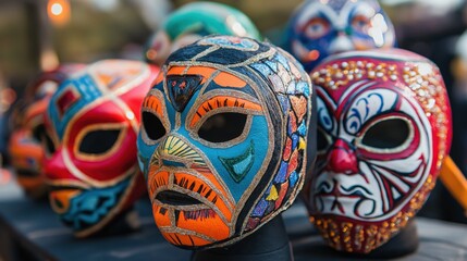 colorful and ornate Lucha Libre masks, symbolizing the iconic Mexican wrestling tradition