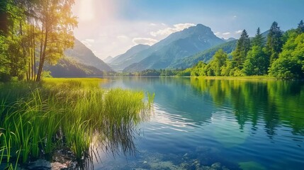 Obraz premium Magnificent summer scene of Hintersee lake. Colorful morning view of Austrian Alps, Salzburg-Umgebung district, Austria, Europe which is very beautiful