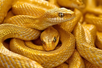 Obraz premium Golden Snake Coiled with Intricate Scales and a Focused Gaze