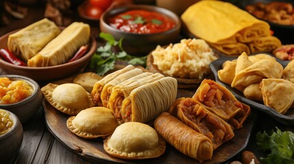 table filled with traditional Hispanic dishes, such as tamales, empanadas, and arepas, beautifully presented
