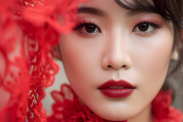 A woman with red hair and red makeup is wearing a red dress