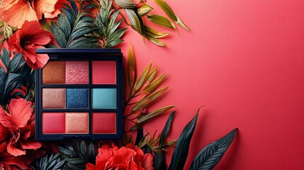 Eyeshadow palette surrounded by red flowers and tropical leaves on red background
