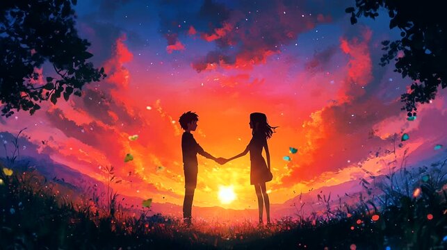 Anime couple holding hands at sunset with dandelions floating in the air. Romantic concept: seamless looping 4k time-lapse animation video background