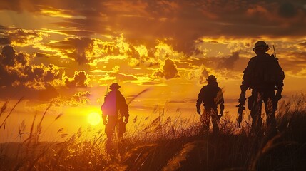 silhouette of soldiers in the sunset. on the battlefield ground war.