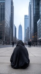 Fototapeta premium A powerful and emotional portrayal of a homeless person sitting on a city street with passersby walking by highlighting the issue of poverty and societal indifference