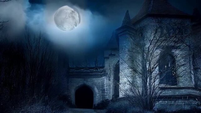 Ai, Generative, Halloween, haunted, horror, moon, religion, roof, star, night, tower, illustration, black, blue, church, dark, house, nature, old, sky, architecture, building, landscape, winter, chape