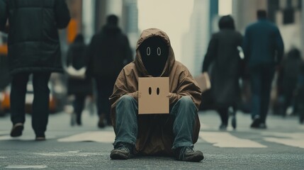 Obraz premium A powerful and emotional portrayal of a homeless person sitting on a city street with passersby walking by highlighting the issue of poverty and societal indifference