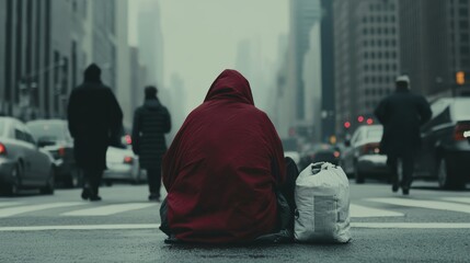 Obraz premium A powerful and emotional portrayal of a homeless person sitting on a city street with passersby walking by highlighting the issue of poverty and societal indifference