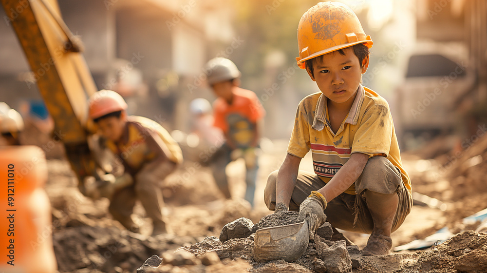 Wall mural children working at construction site, stop child labour concept.