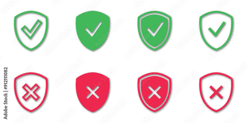 Poster shields with check and x icon set. safe information. vector clipart illustration. for web site or mo