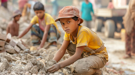 Children working at construction site, stop child labour concept.