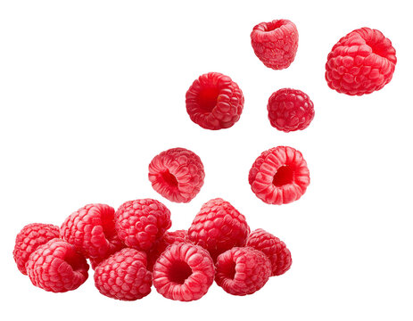 Himbeeren fallend isoliert auf wei&szlig;en Hintergrund, Freisteller, Transparent 