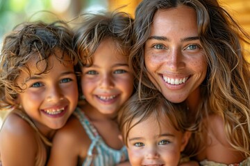 Fototapeta premium Energetic Portrait of a Mom and Her Children