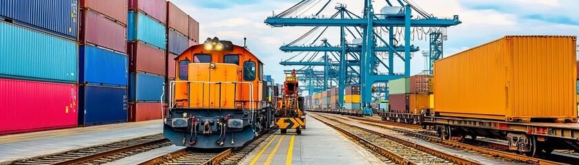 Train Yard Container Loading Image of containers being loaded onto freight trains in a rail yard, with the train and loading equipment
