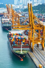 Busy Seaport Activity Image of a bustling seaport with multiple ships docked, containers being moved by cranes, and port activity