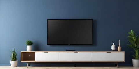 A modern TV stand with a large flat-screen TV mounted on the wall above it