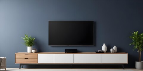 A modern TV stand with a large flat-screen TV mounted on the wall above it