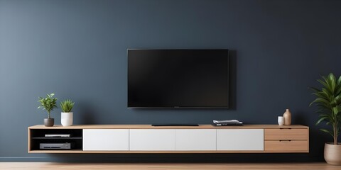 A modern TV stand with a large flat-screen TV mounted on the wall above it