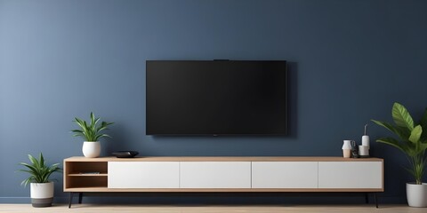 A modern TV stand with a large flat-screen TV mounted on the wall above it