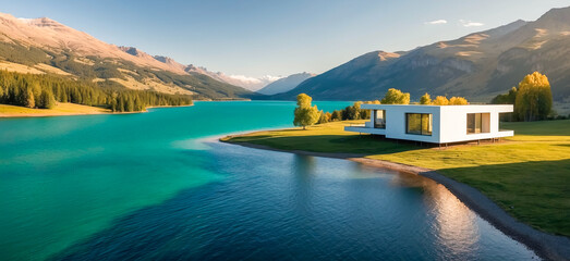 house is located on the shore of the emerald green lake and the panoramic view of the surrounding mountains
