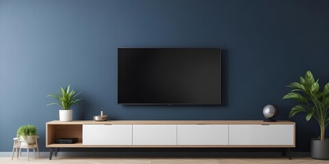 A modern TV stand with a large flat-screen TV mounted on the wall above it