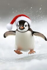 Festive Penguin Sliding Down Ice Slope - Christmas Fun in Pop Art Style, Generative AI