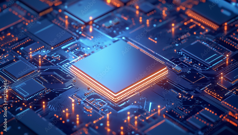 Poster 3d rendering of the chip, blue computer electronic chip with blue glow, multiple filter effect and g