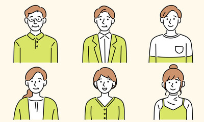 顔アイコン用の様々な年代の男性と女性・シンプルなイラストのベクター素材