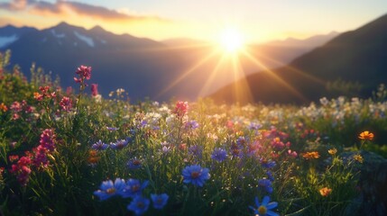 Sunburst effect as the sun emerges from behind a mountain ridge surrounded by colorful wildflowers © indyntk