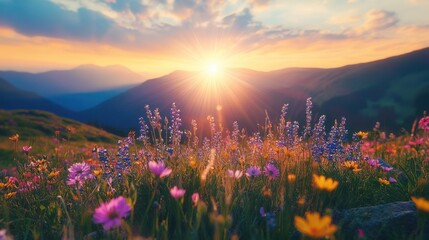 Fototapeta premium Sunburst effect as the sun emerges from behind a mountain ridge surrounded by colorful wildflowers