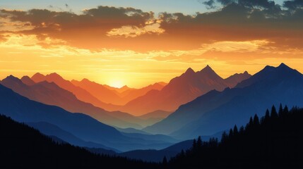 Fototapeta premium Majestic mountains silhouetted against a radiant sunrise with a vast expanse of untouched wilderness