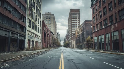 Obraz premium Desolate cityscape with abandoned buildings and empty streets symbolizing economic depression and financial crisis