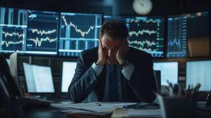 Fototapeta premium Worried businessman sitting in a dark office surrounded by declining stock market charts and financial reports