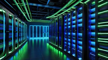 Fototapeta premium A large room with many computer servers and a neon green light