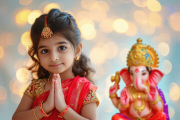 Fototapeta premium Indian cute girl wearing traditional dress and prayer, and side table top a big colourful and beautiful lord Ganesha statue. on light bokeh background.