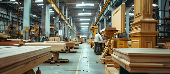 Wooden headboard furniture being manufactured in a South Korean factory with extensive production processes, providing an ideal copy space image.
