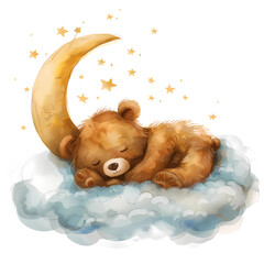 Cute Bear Sleeping on a Cloud with Moon and Stars.