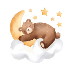 Cute bear sleeping on a crescent moon.